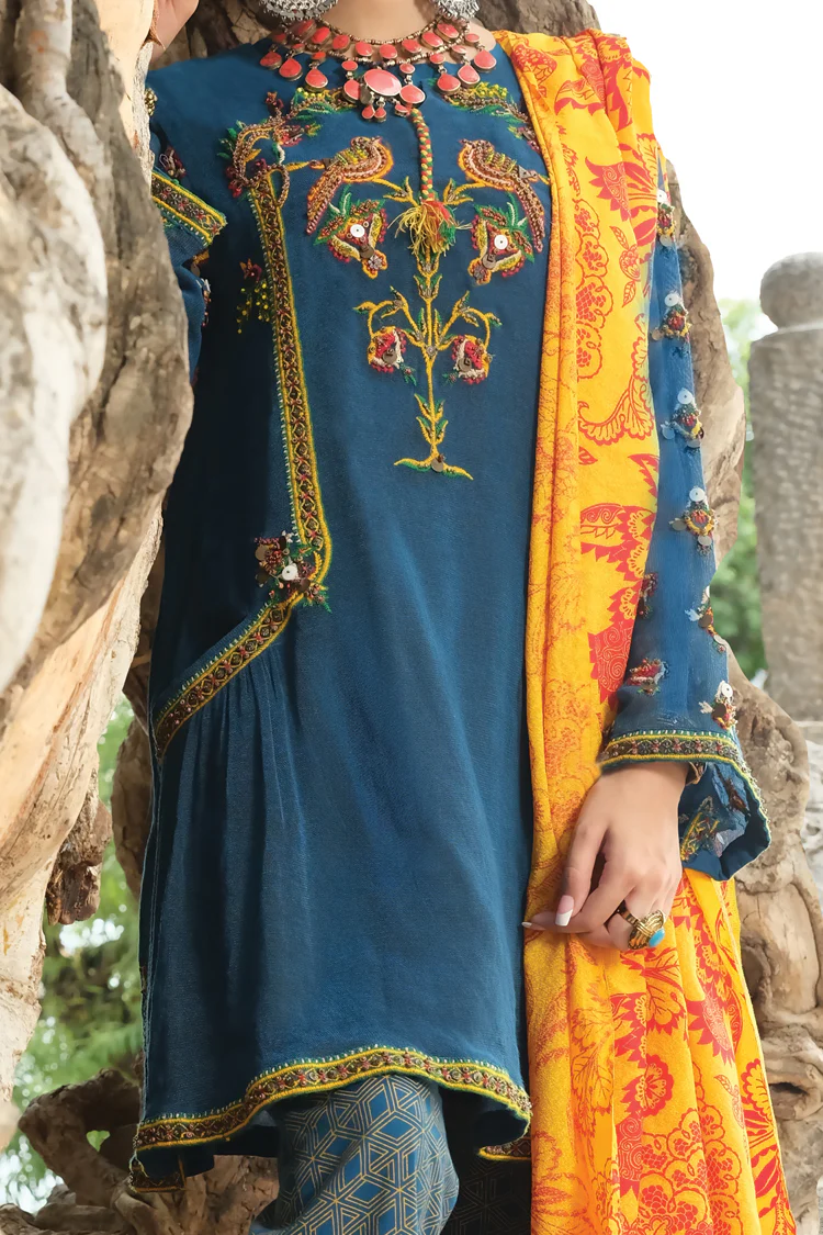 Blue Cotton Net 3 Piece Unstitched - ALP-728