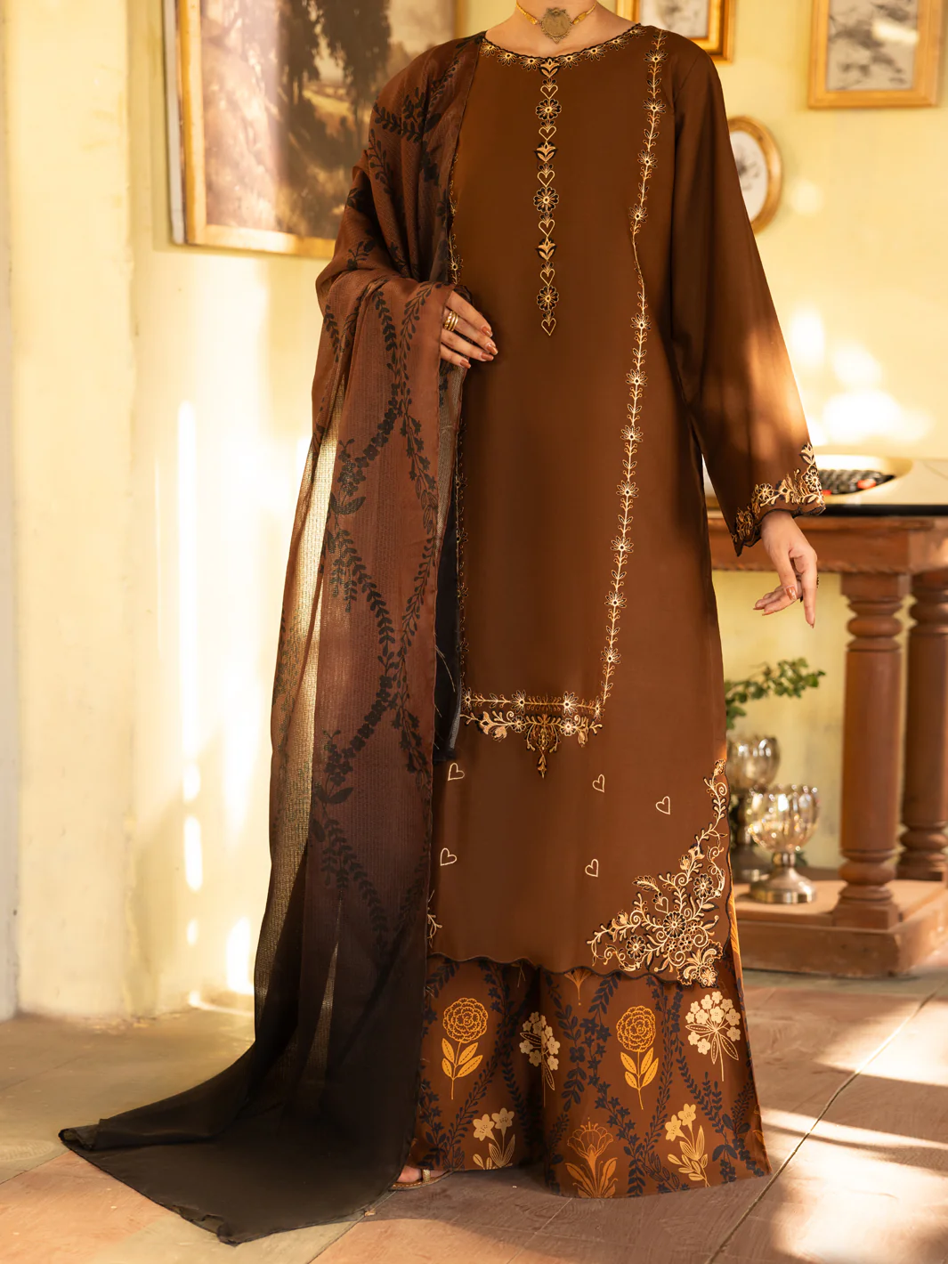 Brown Cambric Stitched 3Pc - ALP-3PS-2637