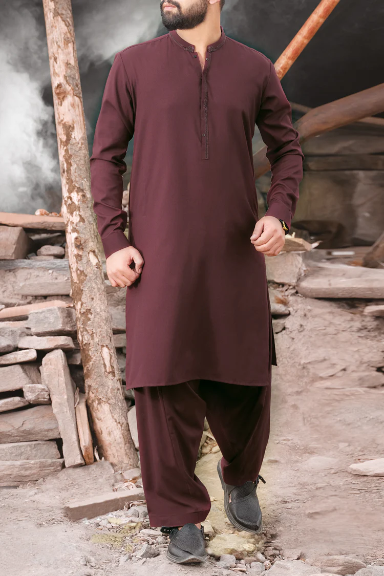 Burgundy Blended Kameez Shalwar - AL-KS-2453