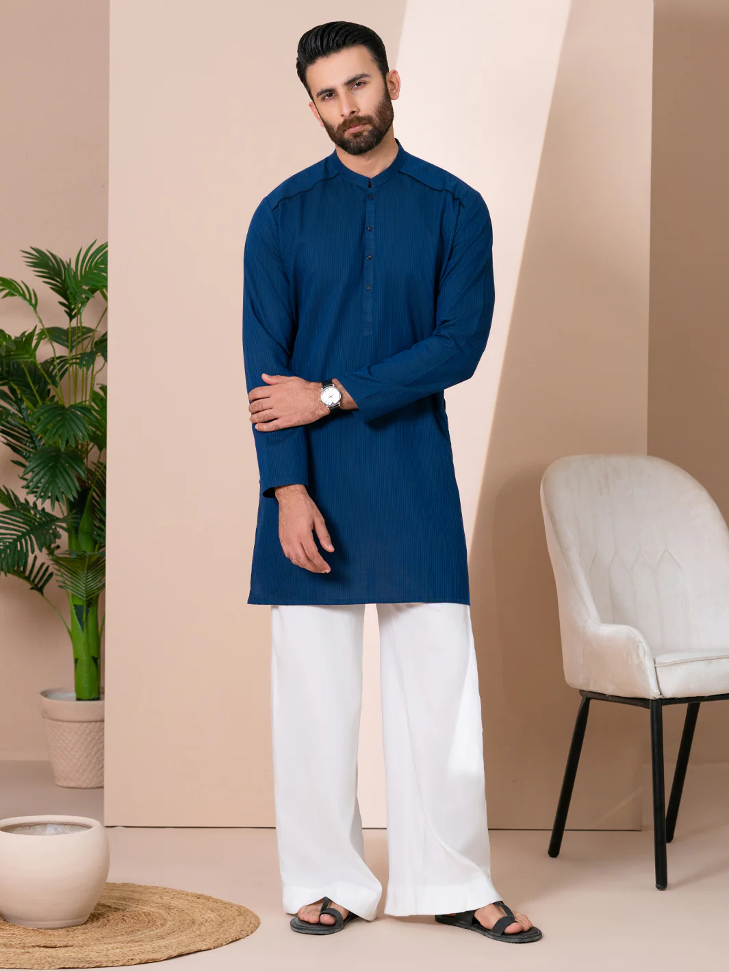 Dark Blue Cotton Men Kurta - AL-K-1312 - Image 4