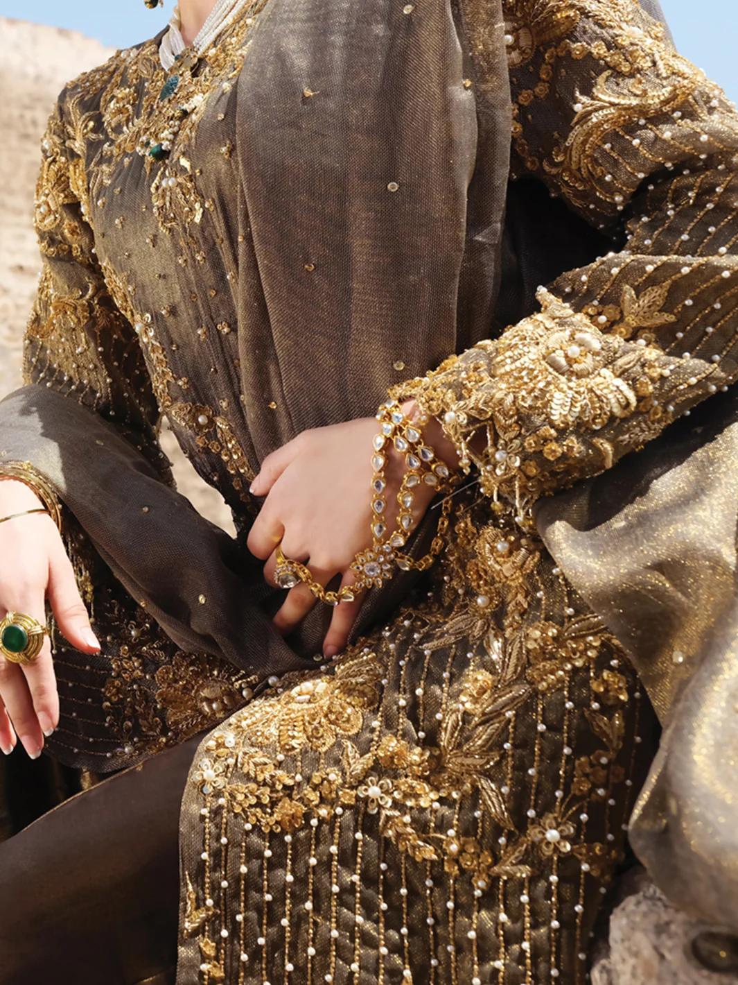 Gold Banarsi 3 Piece Formal Suit - LS-244 - Image 2