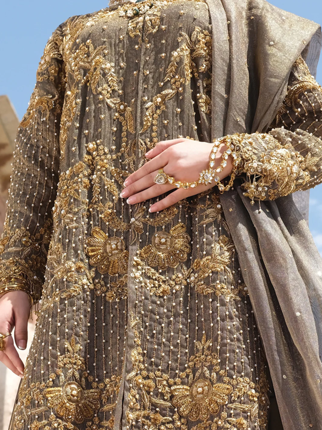 Gold Banarsi 3 Piece Formal Suit - LS-244 - Image 3