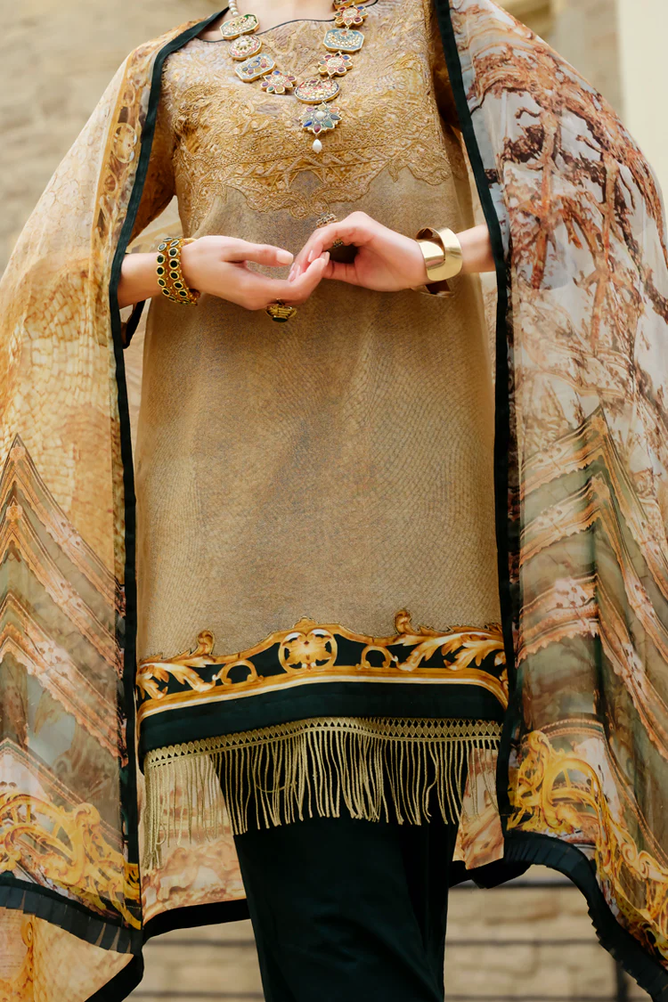 Gold Cotton Net 3 Piece Stitched - ALP-677