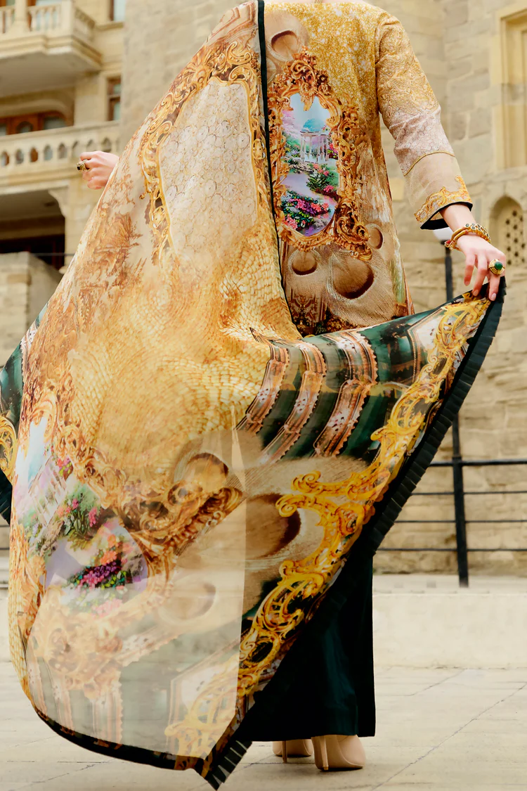 Gold Cotton Net 3 Piece Stitched - ALP-677 - Image 3