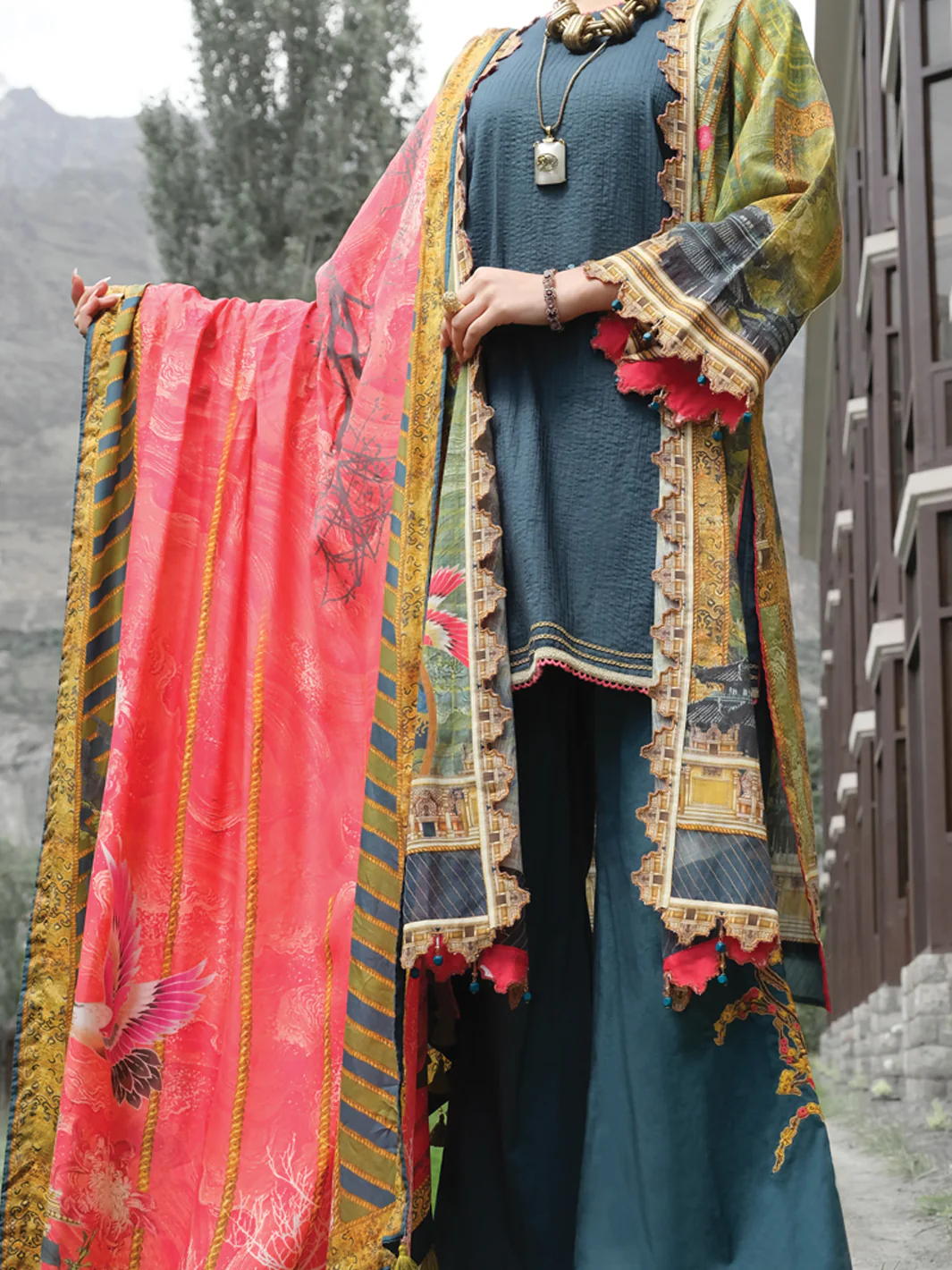 Green Khaddar + Linen 3 Piece Unstitched - AWP-208