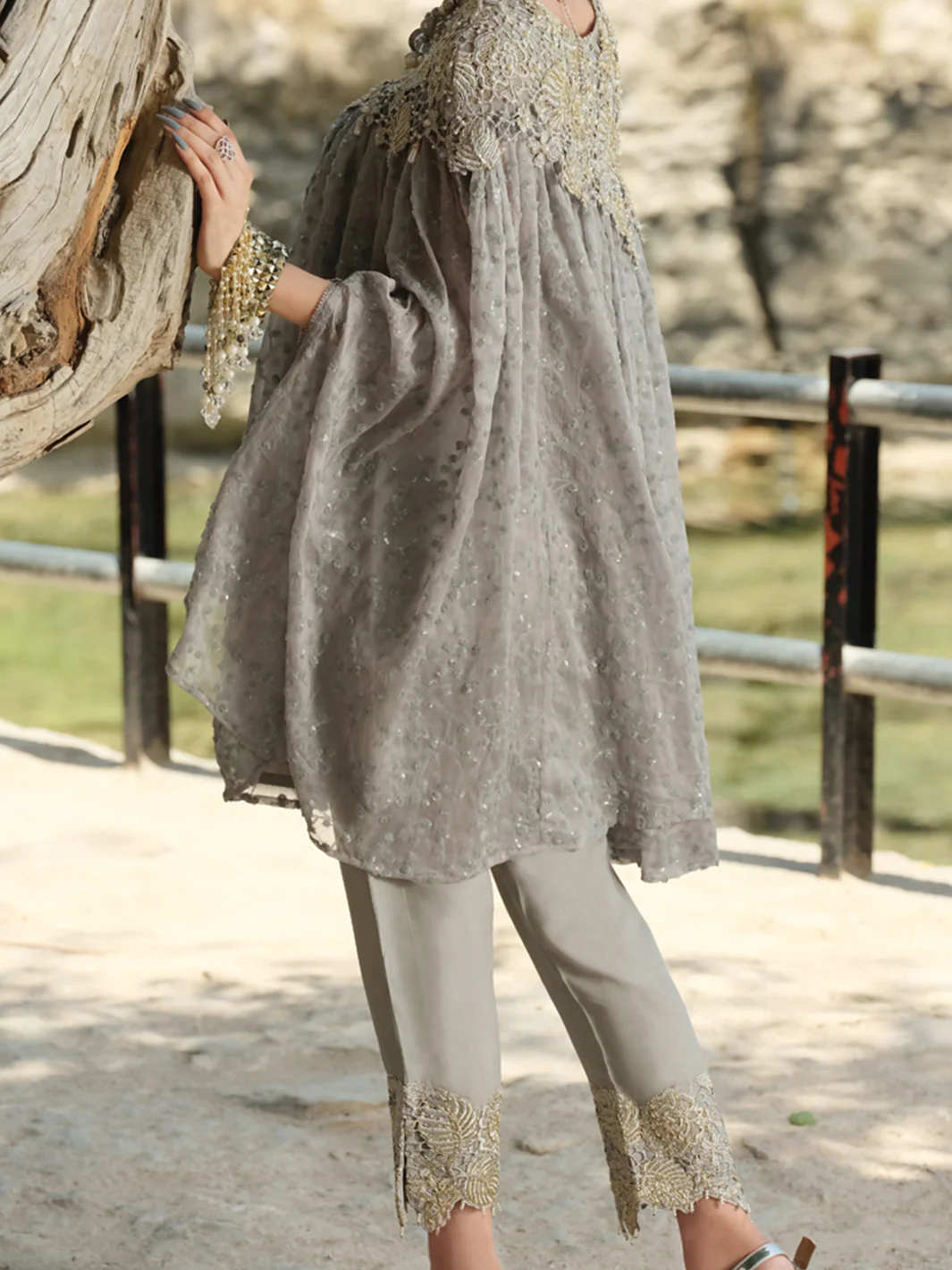 Grey Chiffon 2 Piece Formal Suit - LS-256 - Image 2