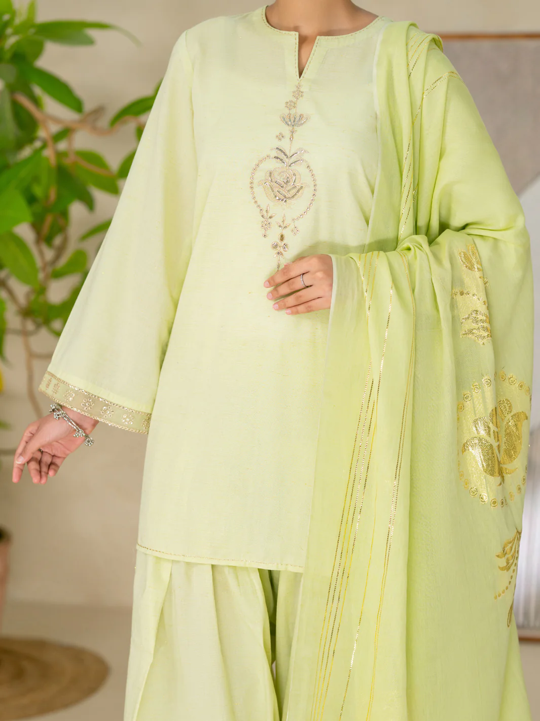 Light Green Golden Zari Lawn Stitched 3Pc - ALP-3PS-2618 - Image 3