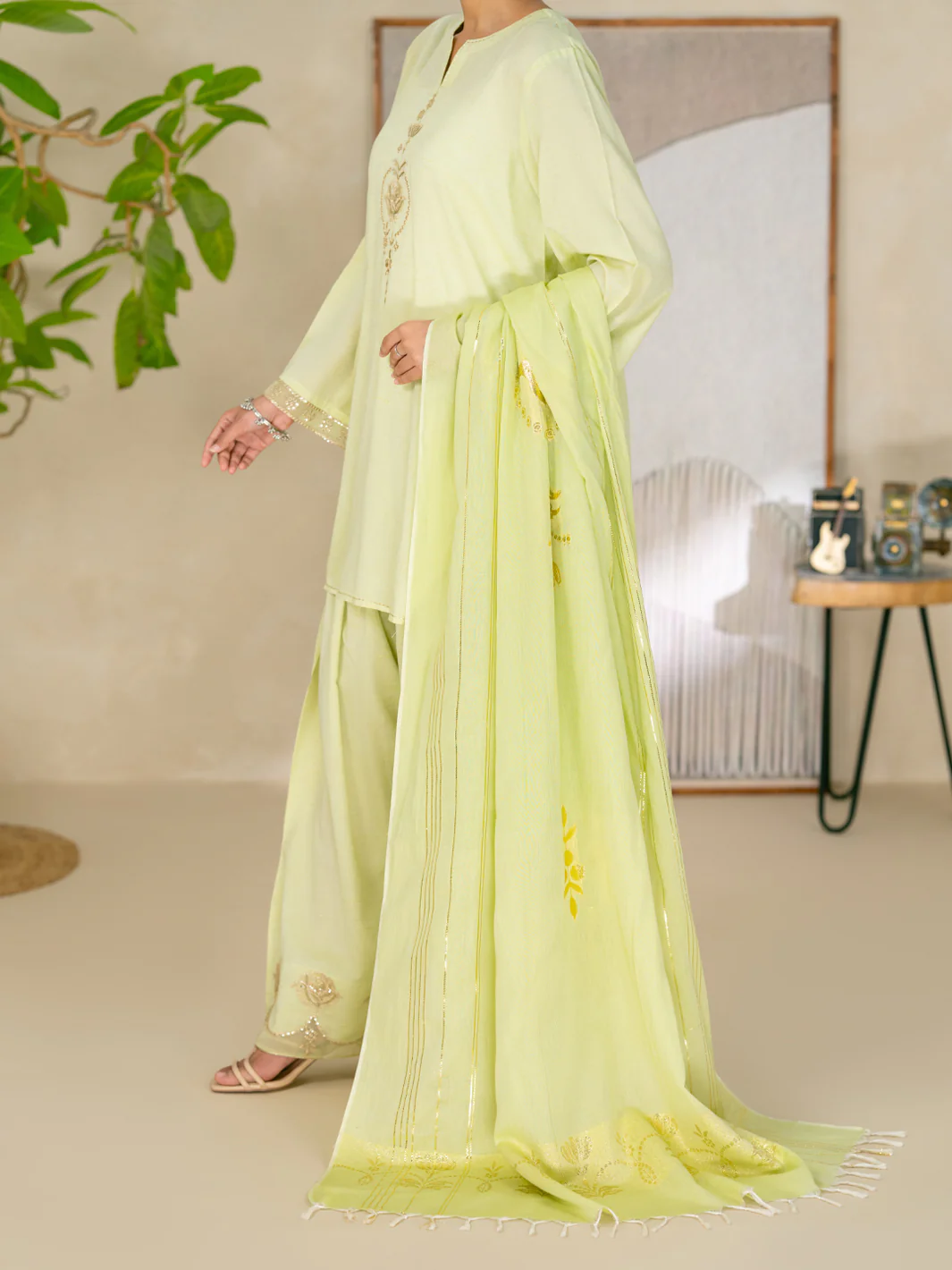 Light Green Golden Zari Lawn Stitched 3Pc - ALP-3PS-2618 - Image 4