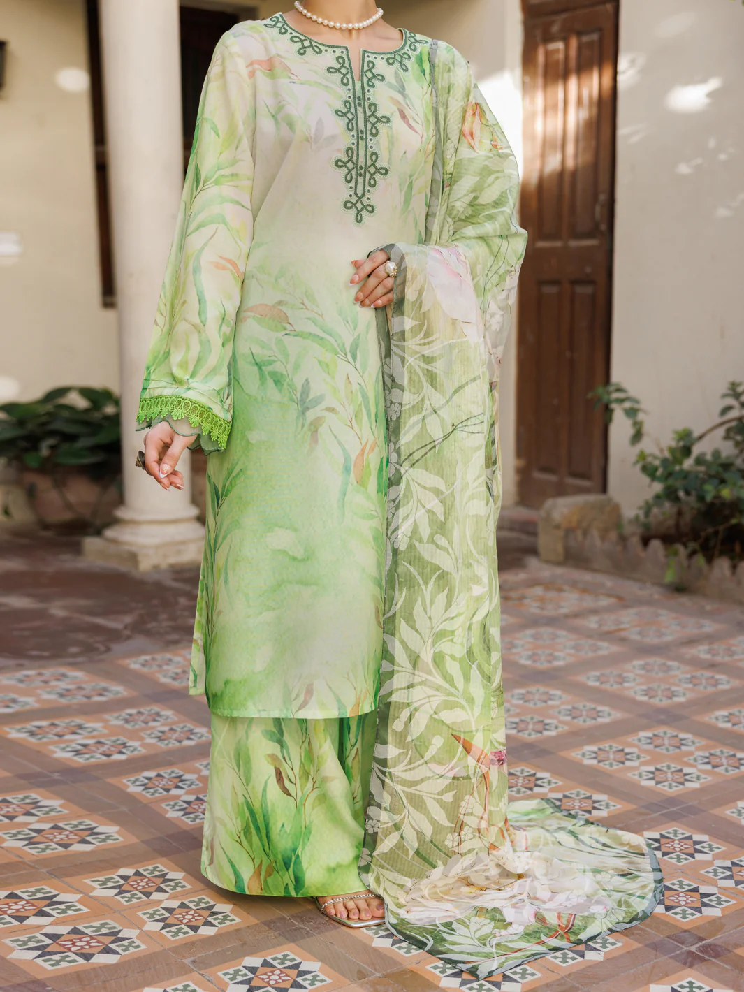 Light Green Poly Lawn Stitched 3Pc - ALP-3PS-2605