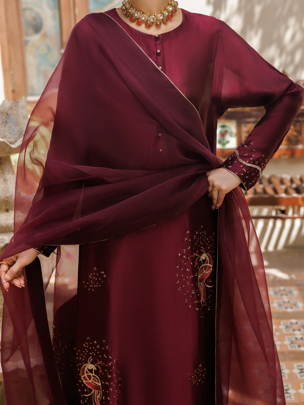 Magenta Sheesha Silk Formal Stitched 3Pc - AL-3PS-LS-629 - Image 3