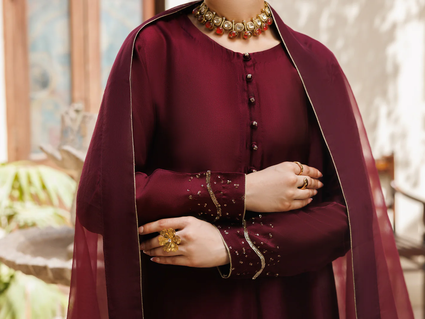 Magenta Sheesha Silk Formal Stitched 3Pc - AL-3PS-LS-629 - Image 5