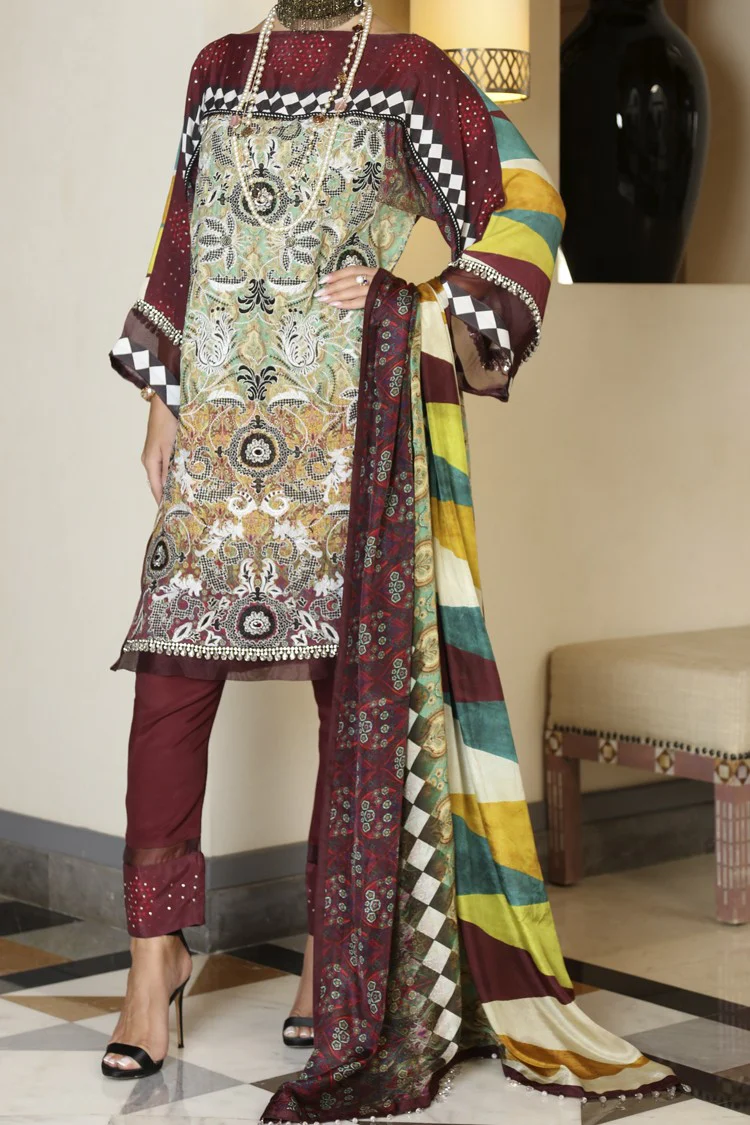 Mehroon Silk Viscose 3 Piece Stitched - ALP-561 - Image 4