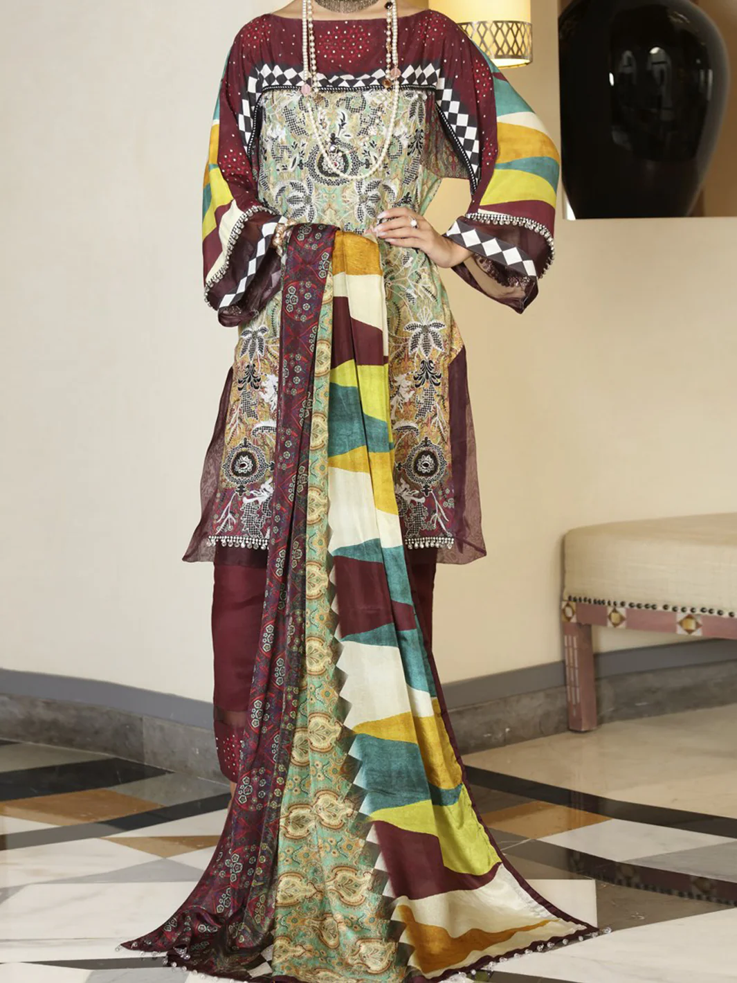 Mehroon Silk Viscose 3 Piece Unstitched - ALP-561