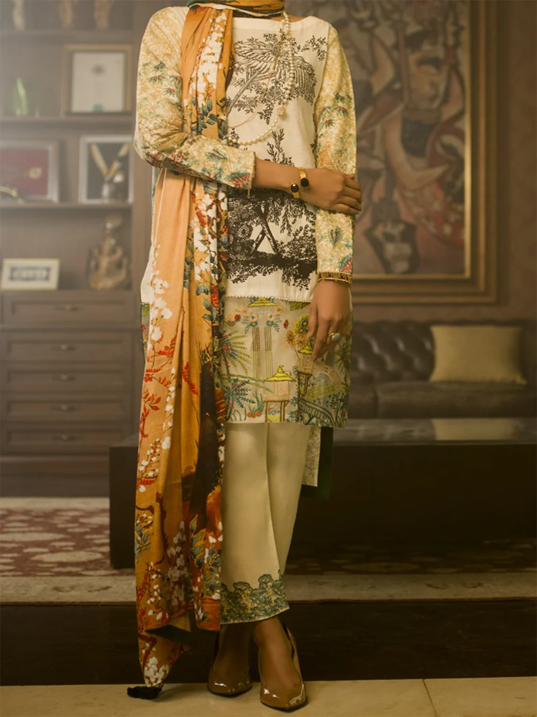 Natural Jacquard 3 Piece Stitched - AWP-189