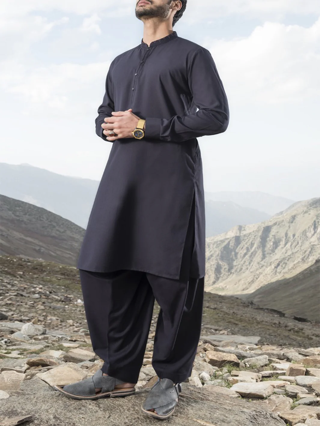 Navy Blue Blended Kameez Shalwar - AL-KS-2450