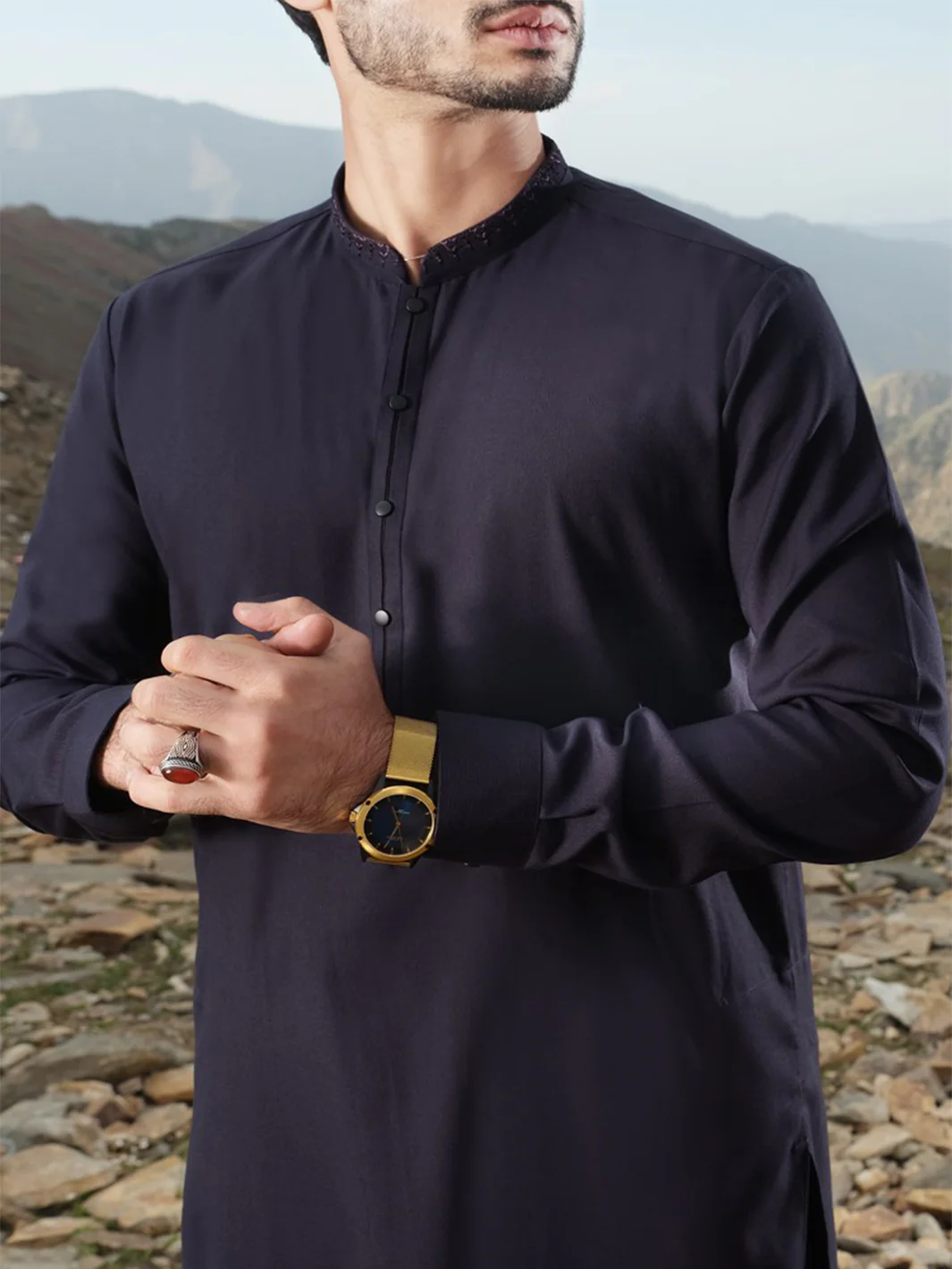 Navy Blue Blended Kameez Shalwar - AL-KS-2450 - Image 3