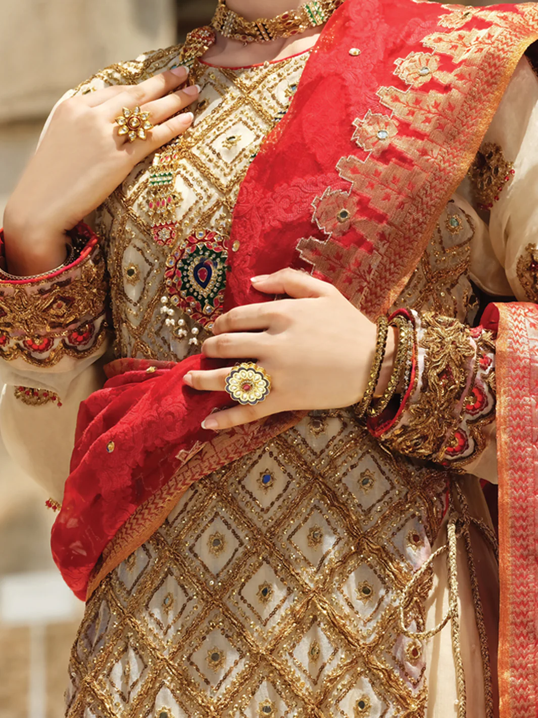 Off White Banarsi 3 Piece Formal Suit - LS-245 - Image 4