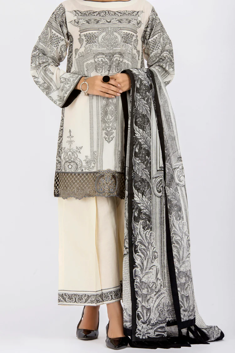 Off White Jacquard 3 Piece Stitched - ALP-433