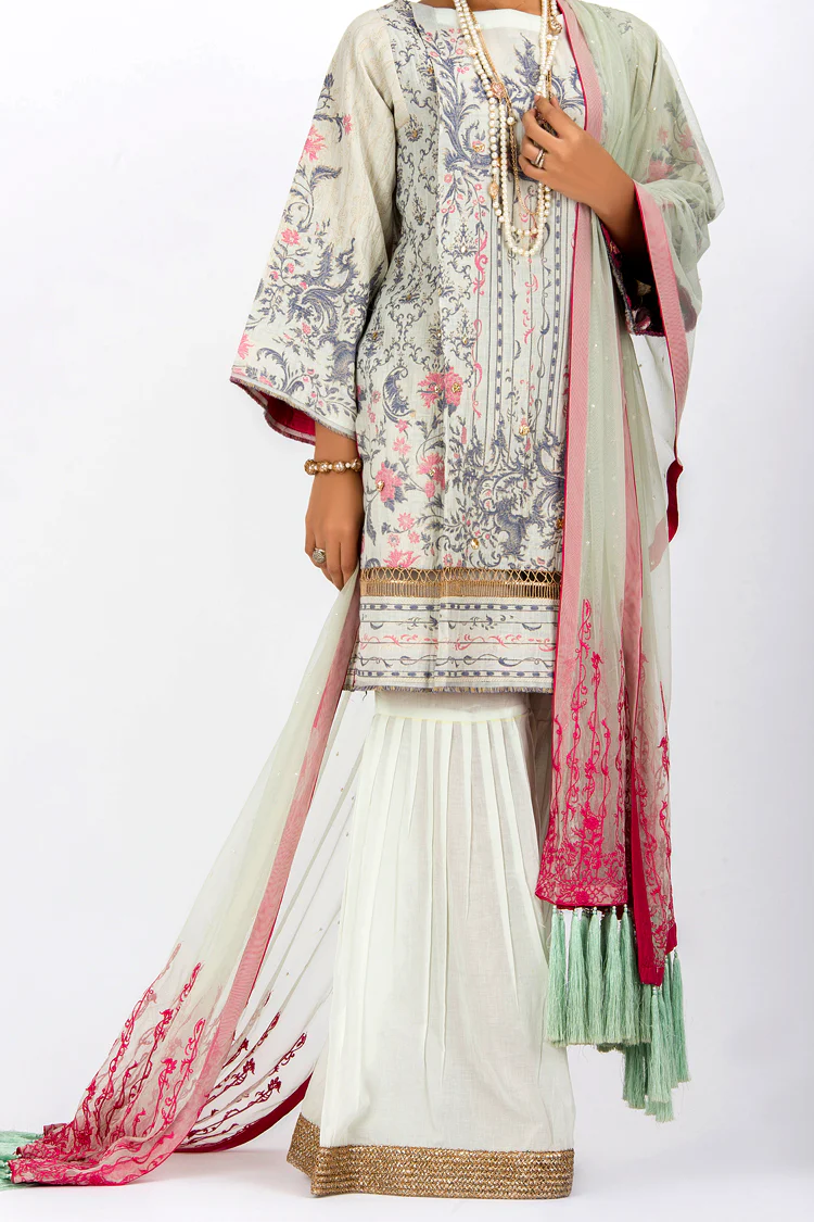 Off White Jacquard 3 Piece Stitched - ALP-534
