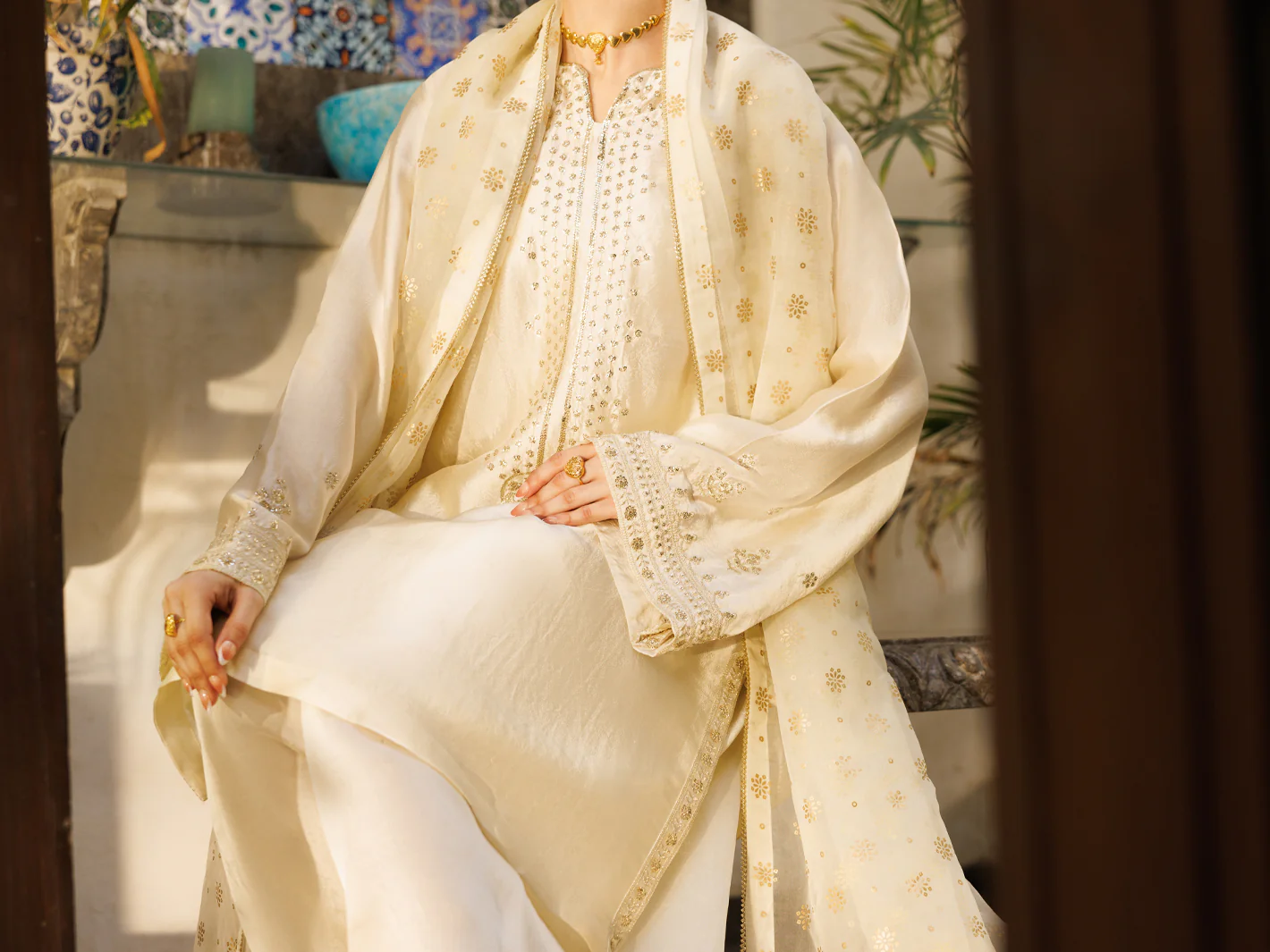 Off White Sheesha Silk Formal 3Pc Stitched - AL-3PS-LS-619 - Image 3