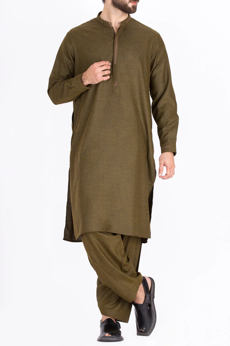 Olive Green Blended Kameez Shalwar - AL-KS-2336 - Image 4