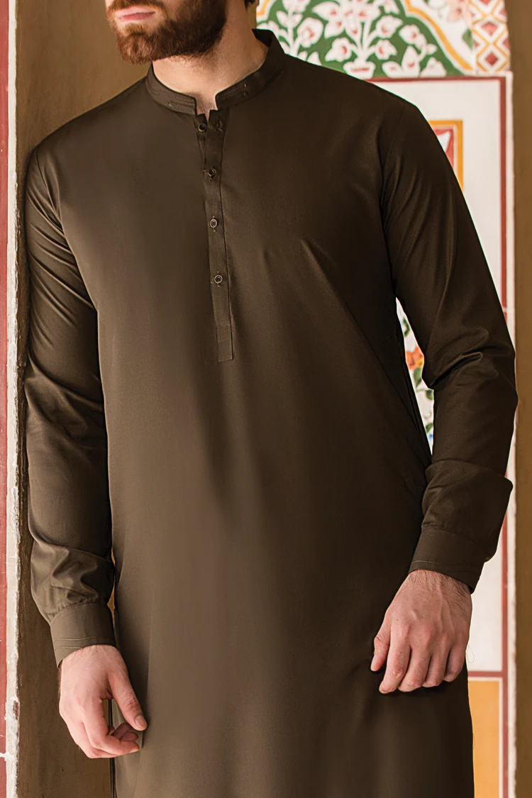 Olive Green Blended Kameez Shalwar - AL-KS-2407 - Image 3