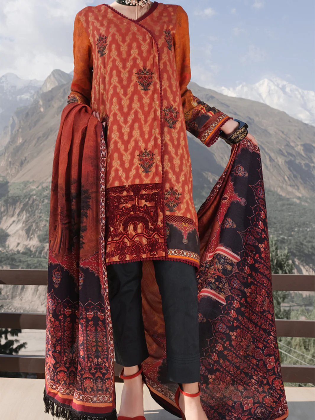 Orange Jacquard 3 Piece Stitched - AWP-222