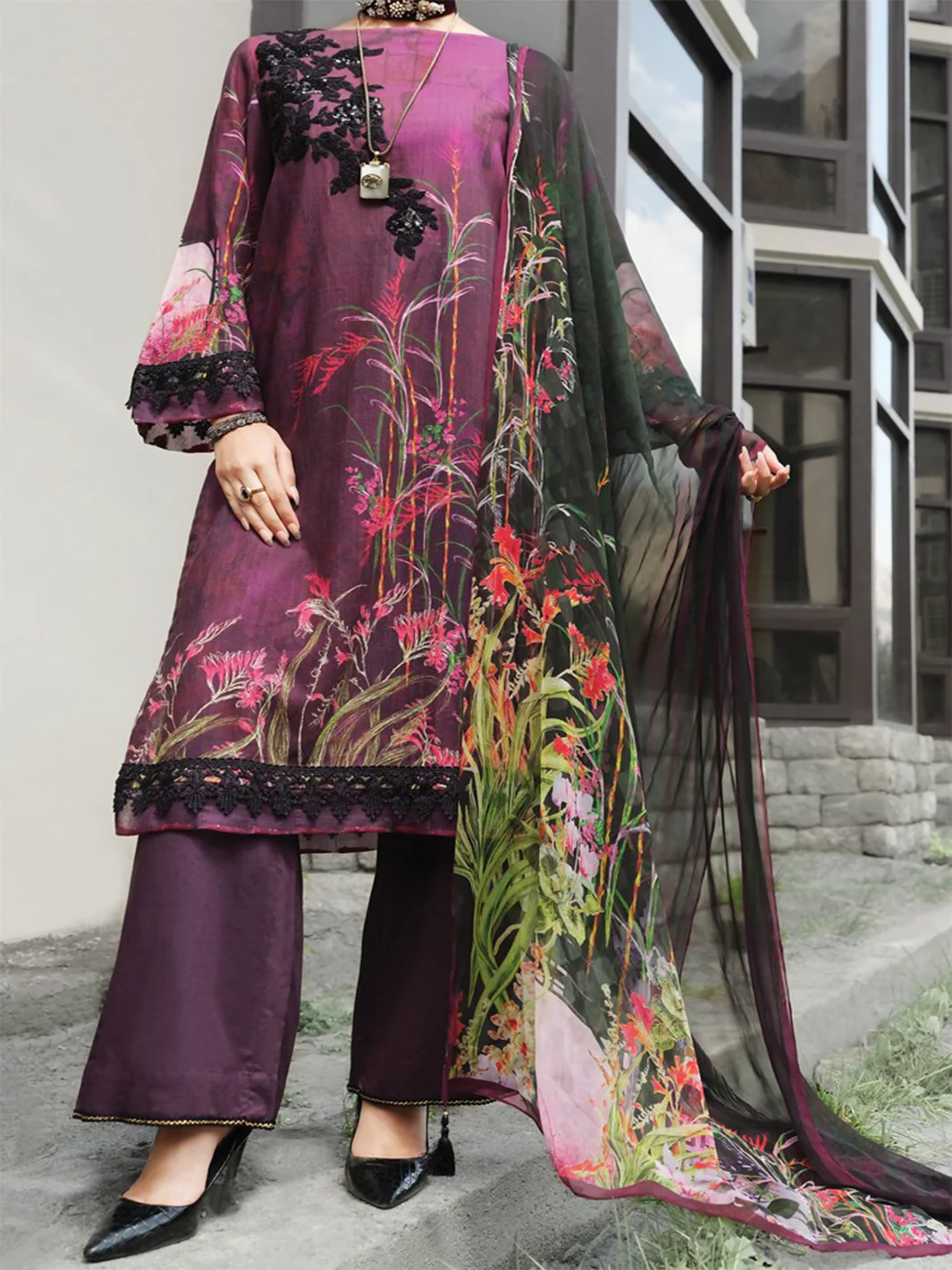 Purple Khaddar + Linen 3 Piece Stitched - AWP-212