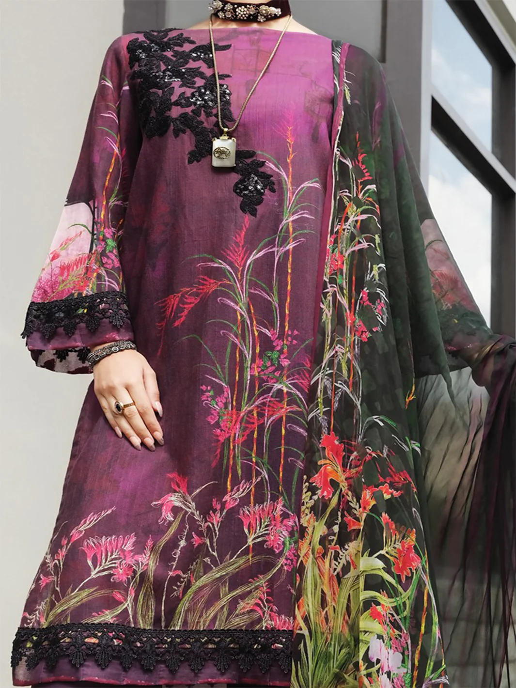 Purple Khaddar + Linen 3 Piece Stitched - AWP-212 - Image 3