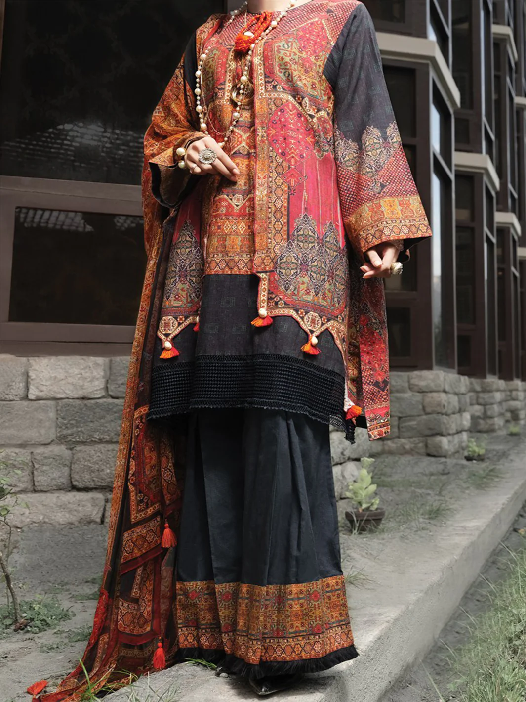 Red Khaddar + Linen 3 Piece Stitched - AWP-210