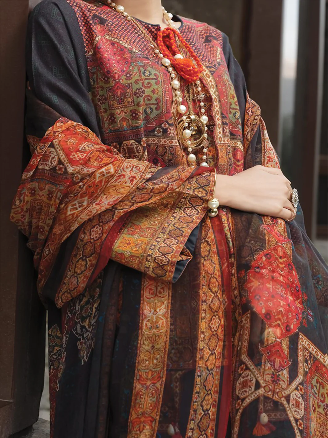 Red Khaddar + Linen 3 Piece Stitched - AWP-210 - Image 3