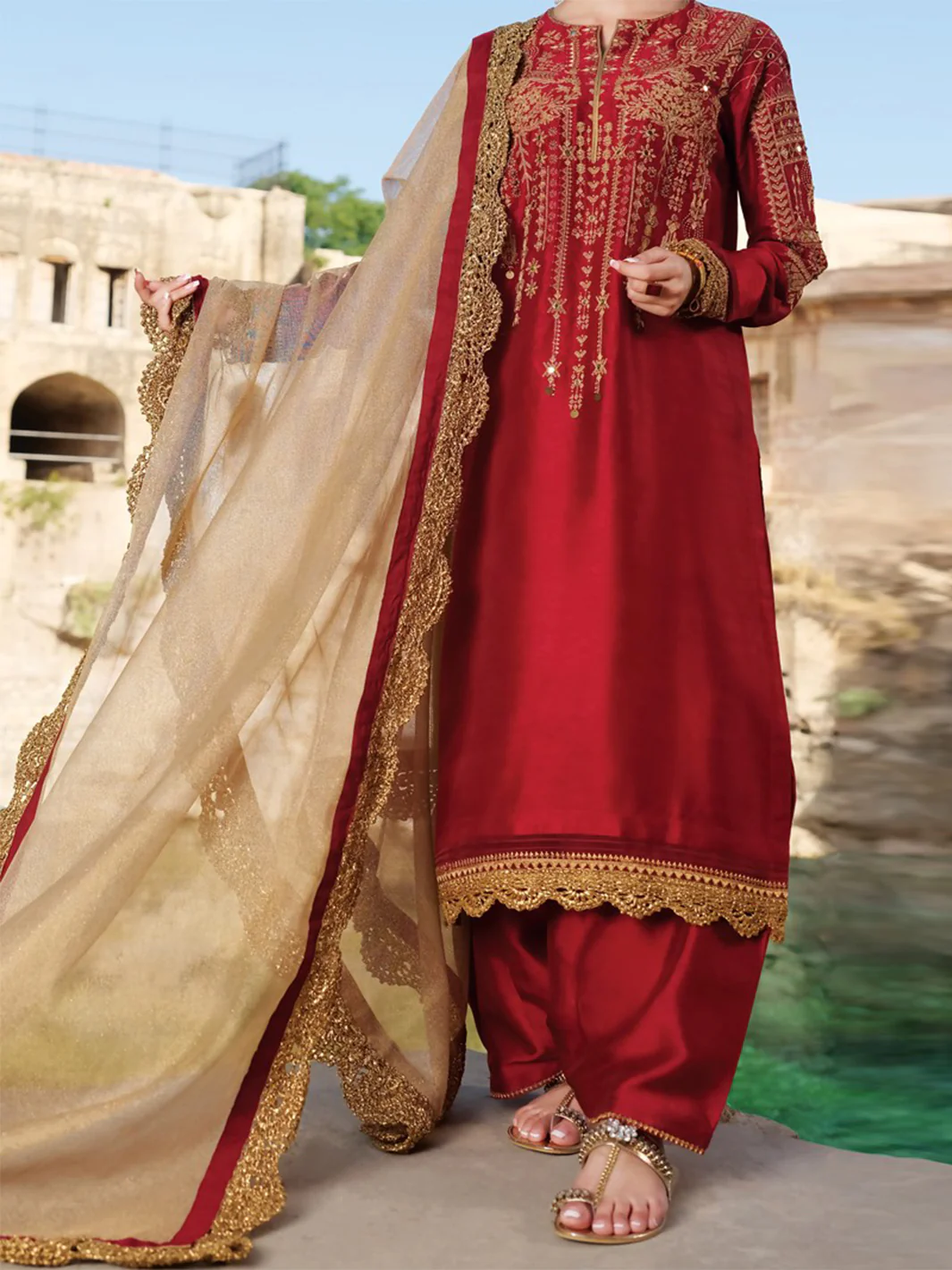 Red Raw Silk 3 Piece Unstitched - ALP-744