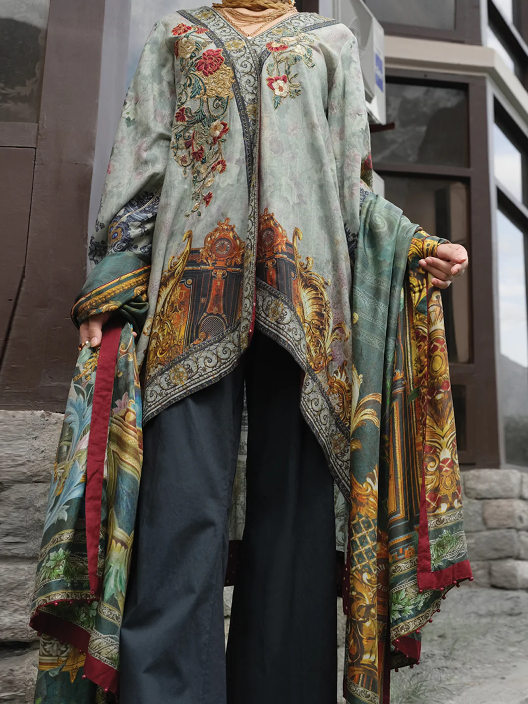 Saga Green Khaddar + Linen 3 Piece Stitched - AWP-209