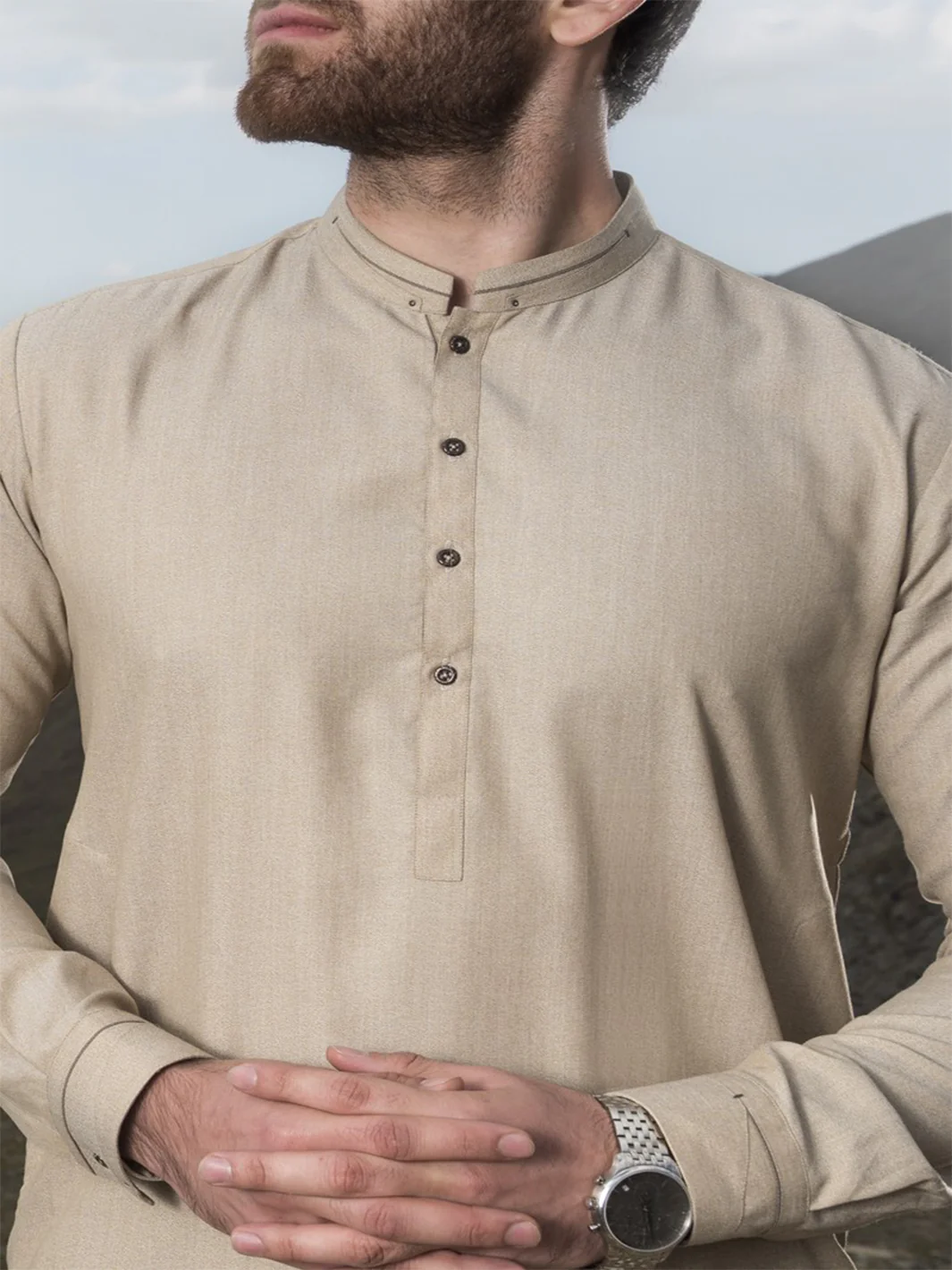 Sand Colored Blended Kameez Shalwar - AL-KS-2408 - Image 2