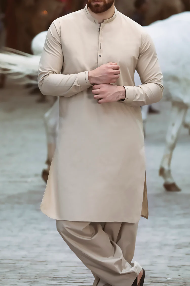 Sand Colored Brown Cotton Kameez Shalwar - AL-KS-2344