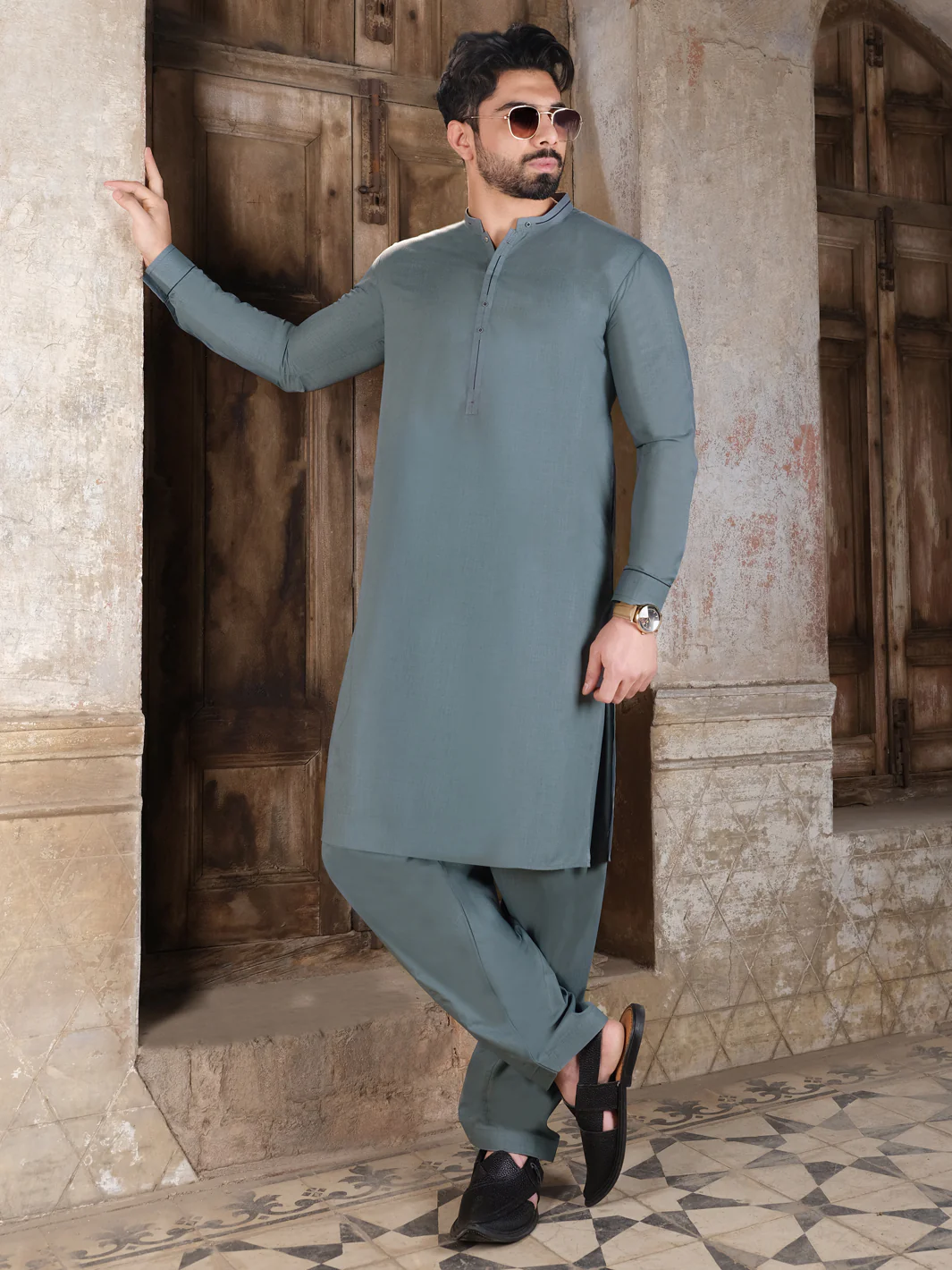 Teal Grey Blended Kameez Shalwar - AL-KS-2524