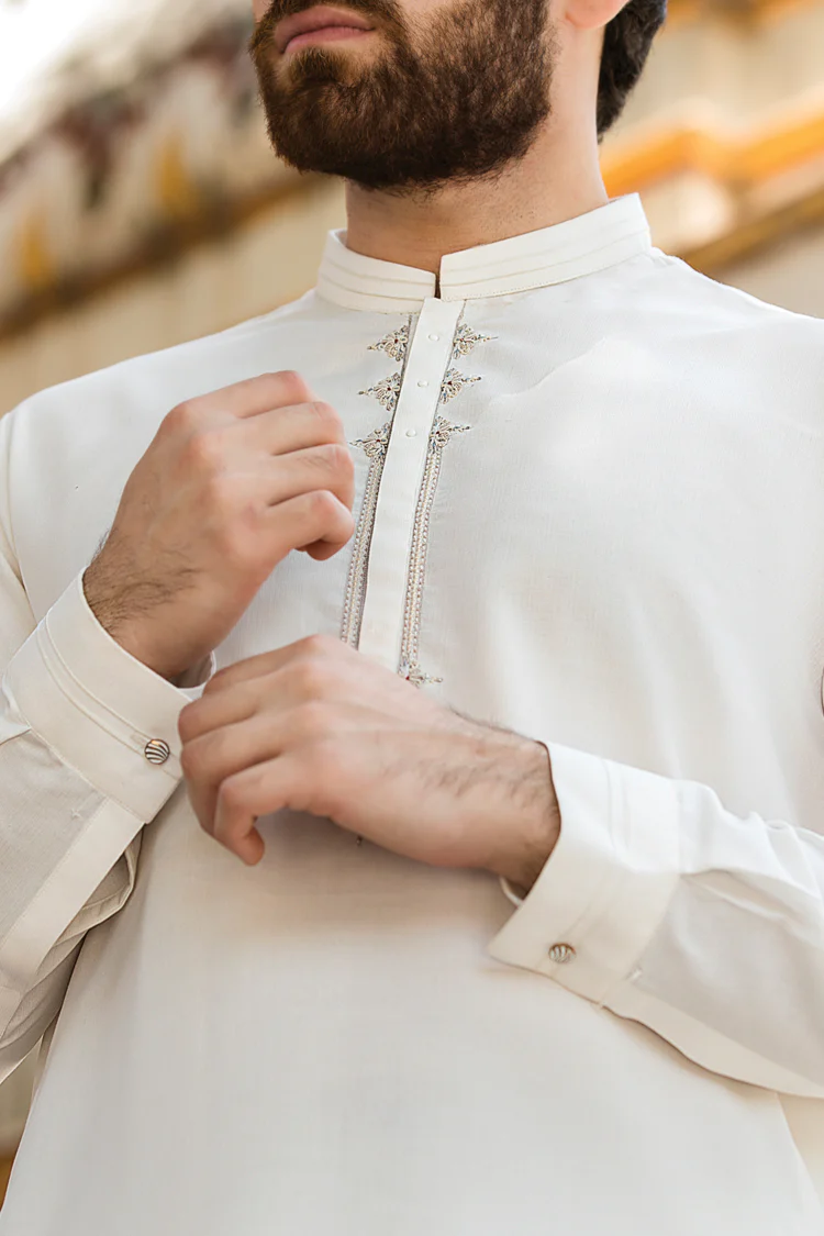 White Blended Kameez Shalwar - AL-KS-2410 - Image 2